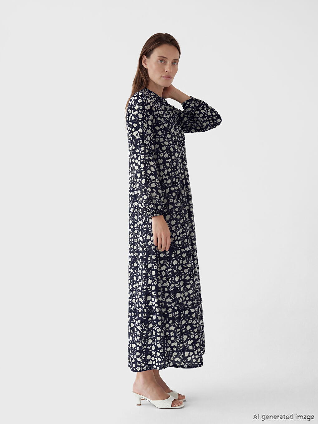 Lacivert Hakim Yaka Desenli Elbise