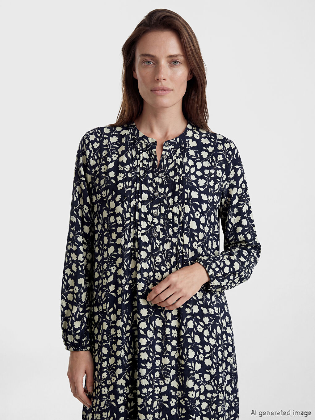 Lacivert Hakim Yaka Desenli Elbise-1