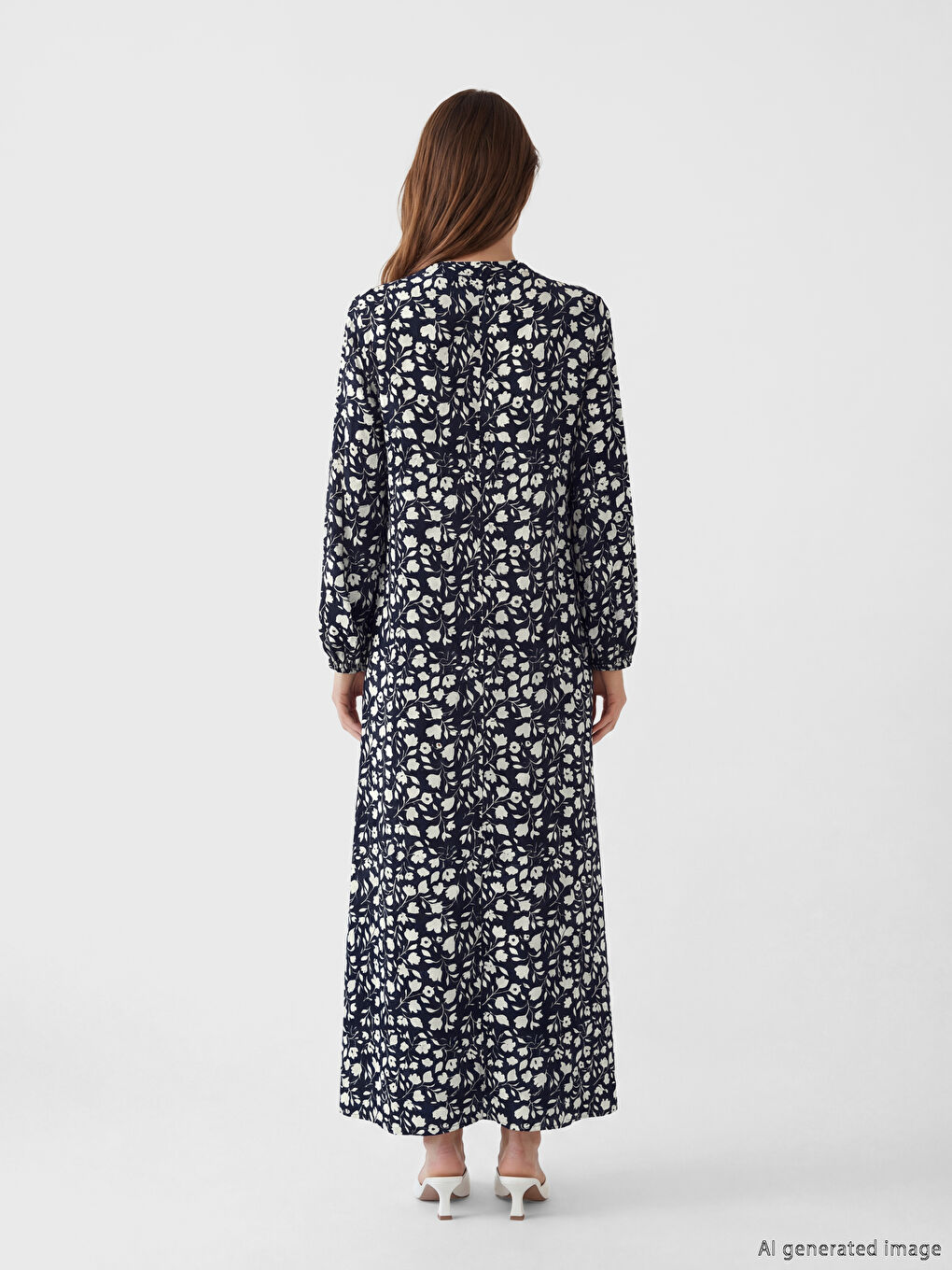 Lacivert Hakim Yaka Desenli Elbise-3