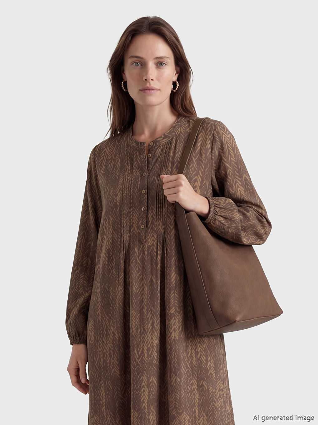 Kahverengi Hakim Yaka Desenli Elbise	