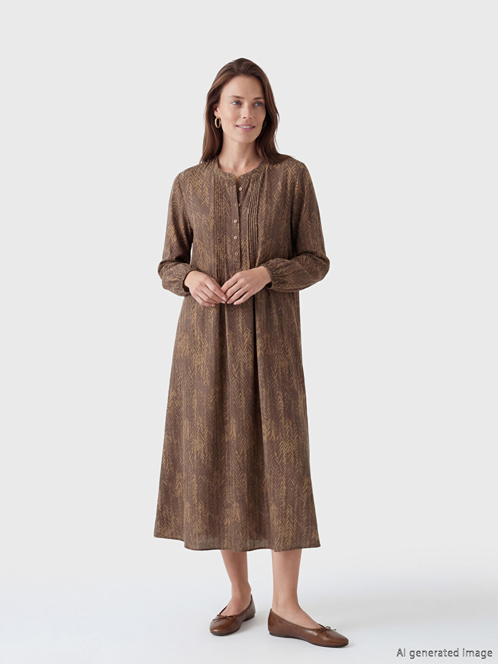 Kahverengi Hakim Yaka Desenli Elbise	-1