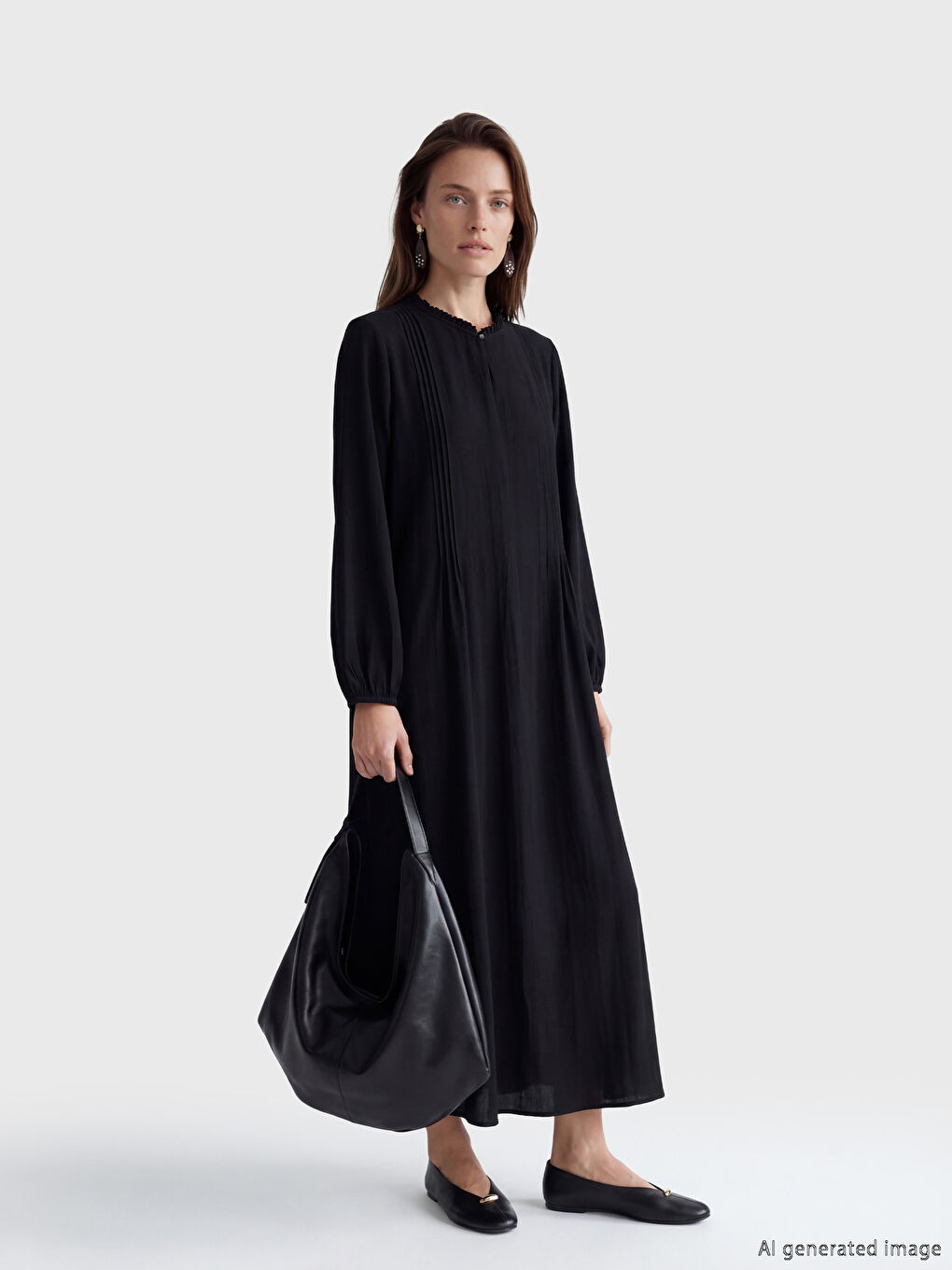 Siyah Fırfırlı Hakim Yaka A Kesim Elbise