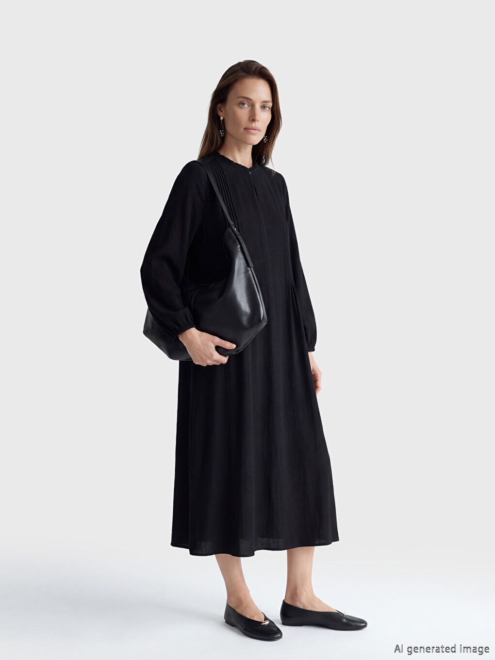 Siyah Fırfırlı Hakim Yaka A Kesim Elbise-1