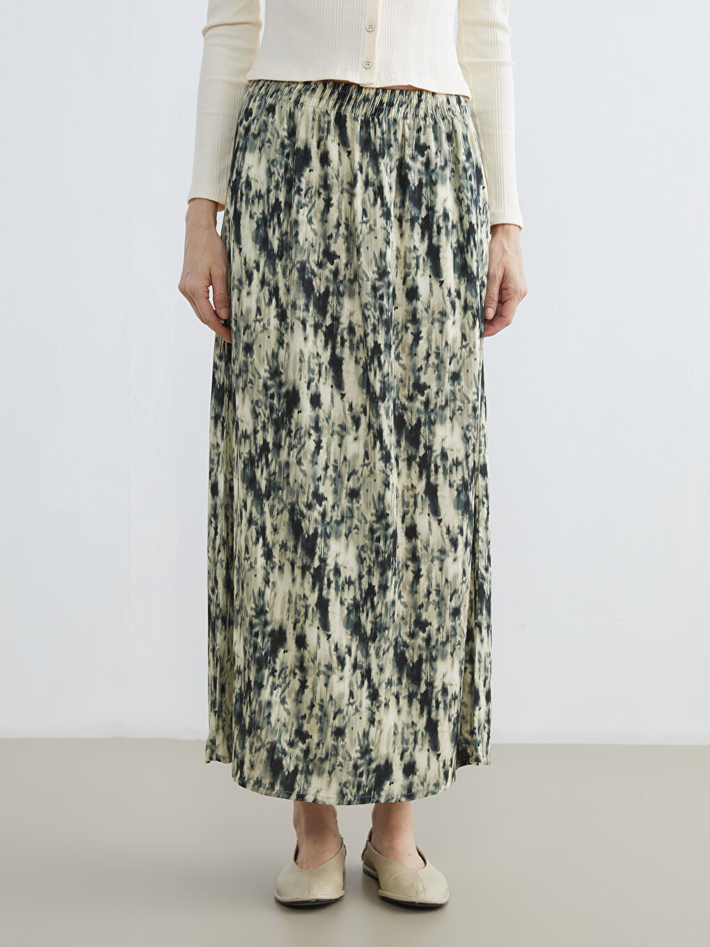 Bej Beli Lastikli Desenli Belmando Kloş Etek-1