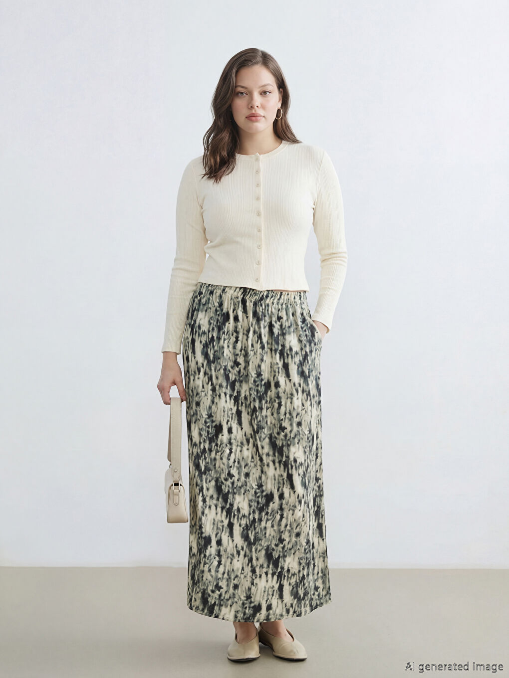 Bej Beli Lastikli Desenli Belmando Kloş Etek	-1