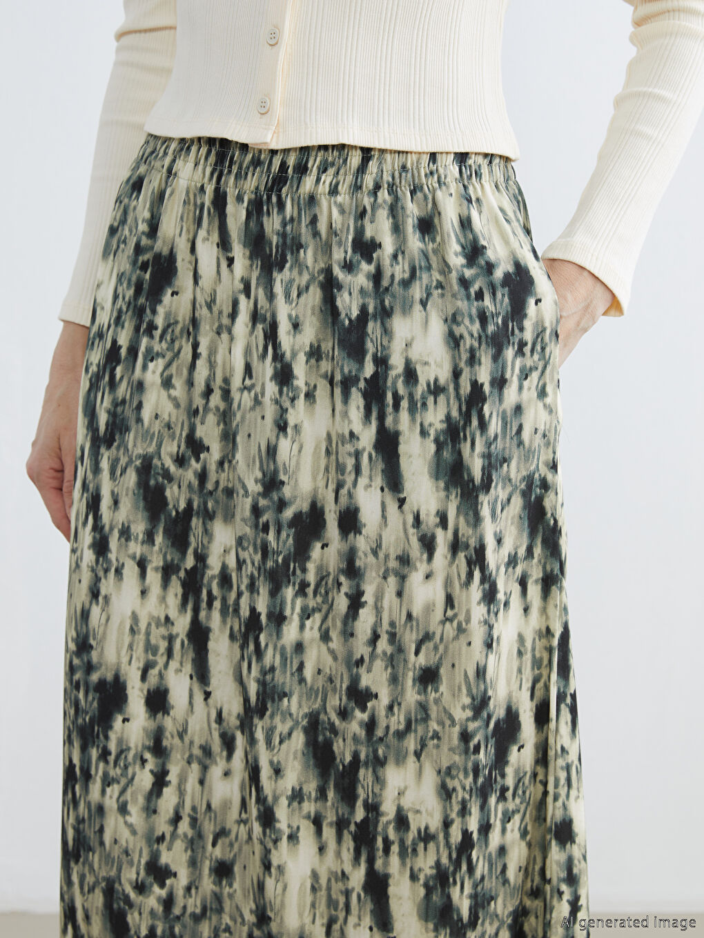 Bej Beli Lastikli Desenli Belmando Kloş Etek	-5