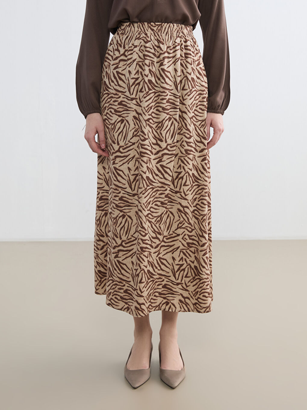 Bej Beli Lastikli Desenli Belmando Kloş Etek-1