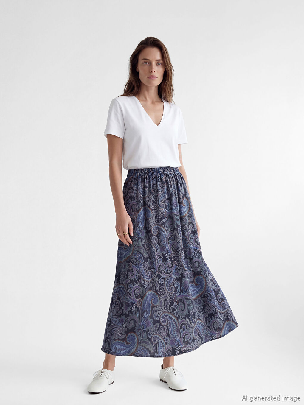 Lacivert Beli Lastikli Desenli Belmando Kloş Etek	