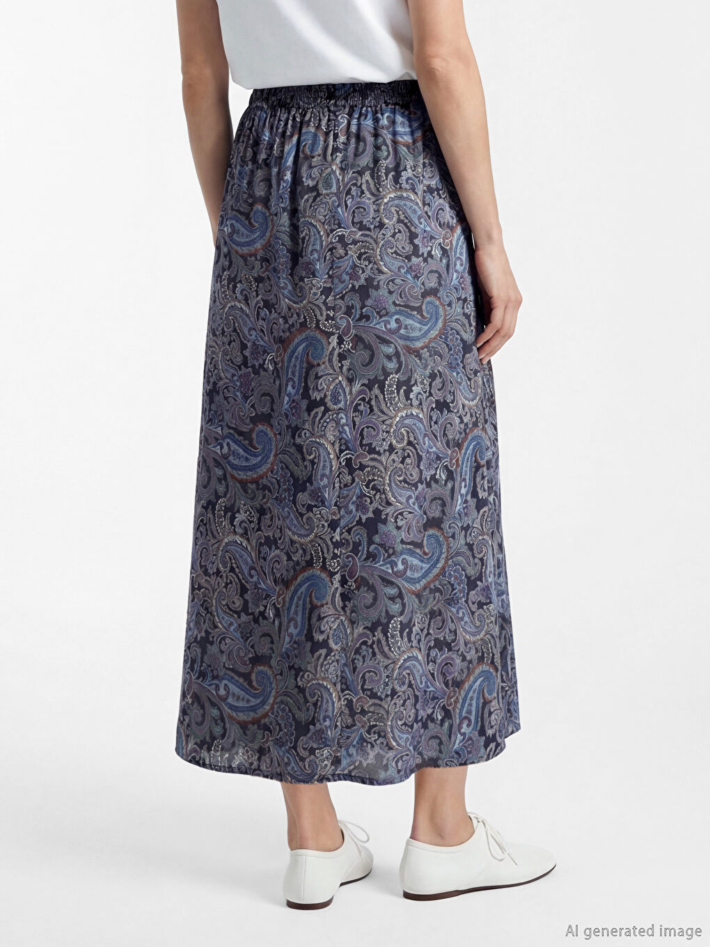 Lacivert Beli Lastikli Desenli Belmando Kloş Etek	-2