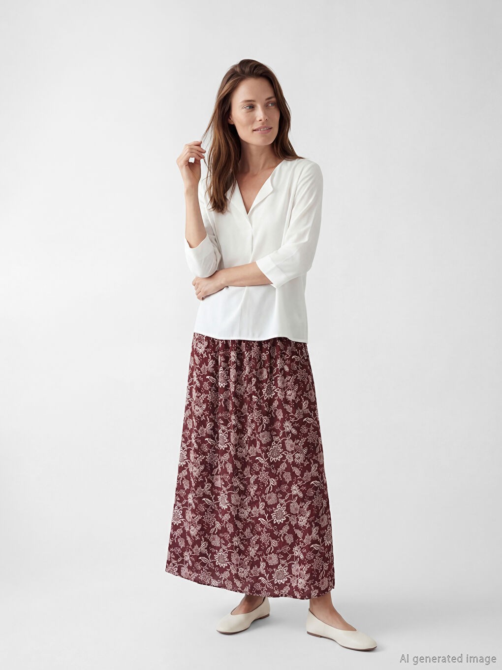 Kırmızı Beli Lastikli Desenli Belmando Kloş Etek	