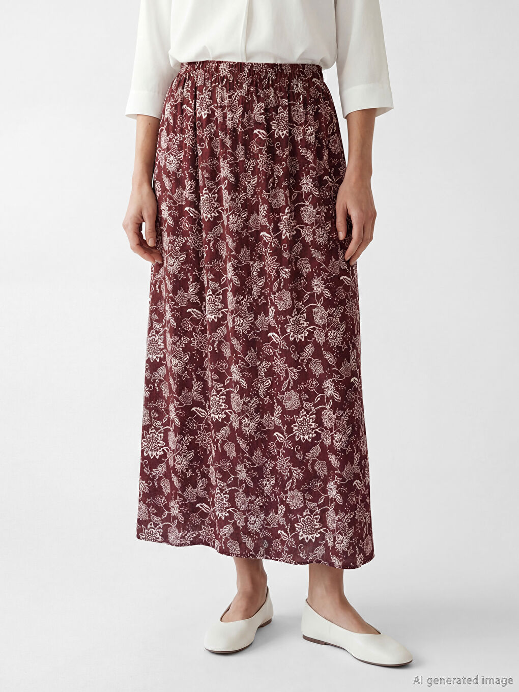 Kırmızı Beli Lastikli Desenli Belmando Kloş Etek	-1