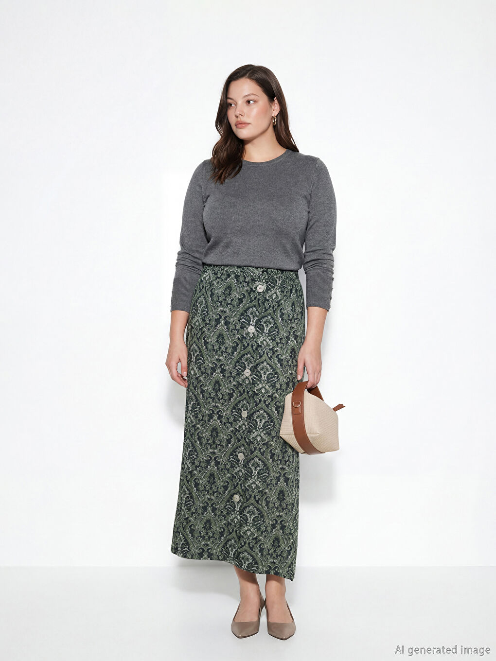 Yeşil Beli Lastikli Desenli A Kesim Etek-1