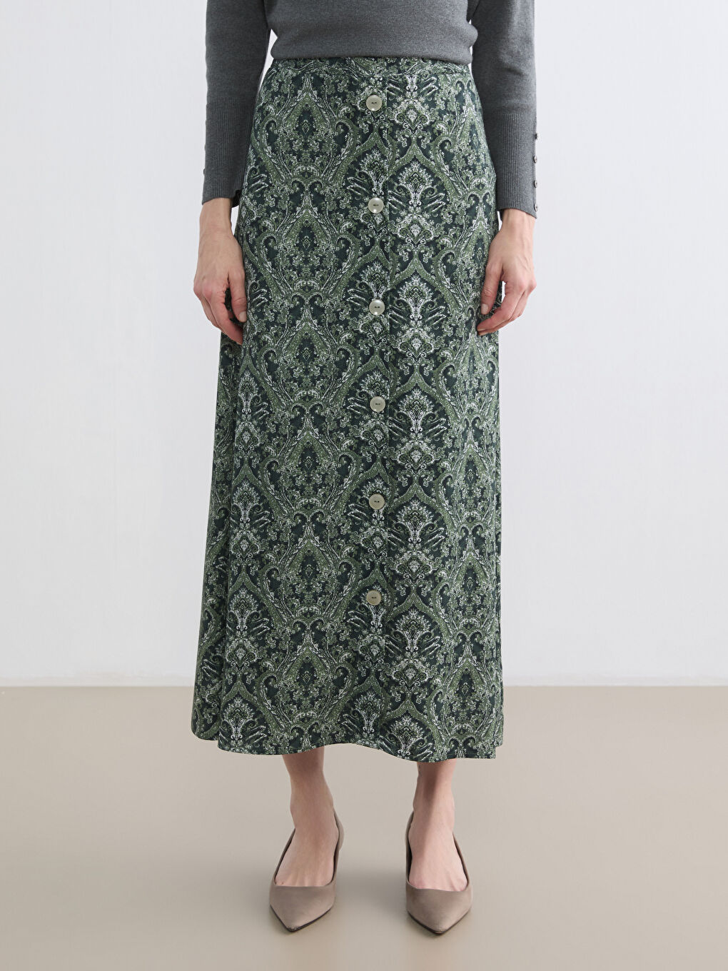 Yeşil Beli Lastikli Desenli A Kesim Etek-1