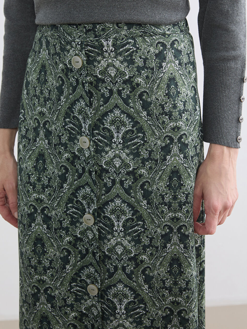 Yeşil Beli Lastikli Desenli A Kesim Etek-2