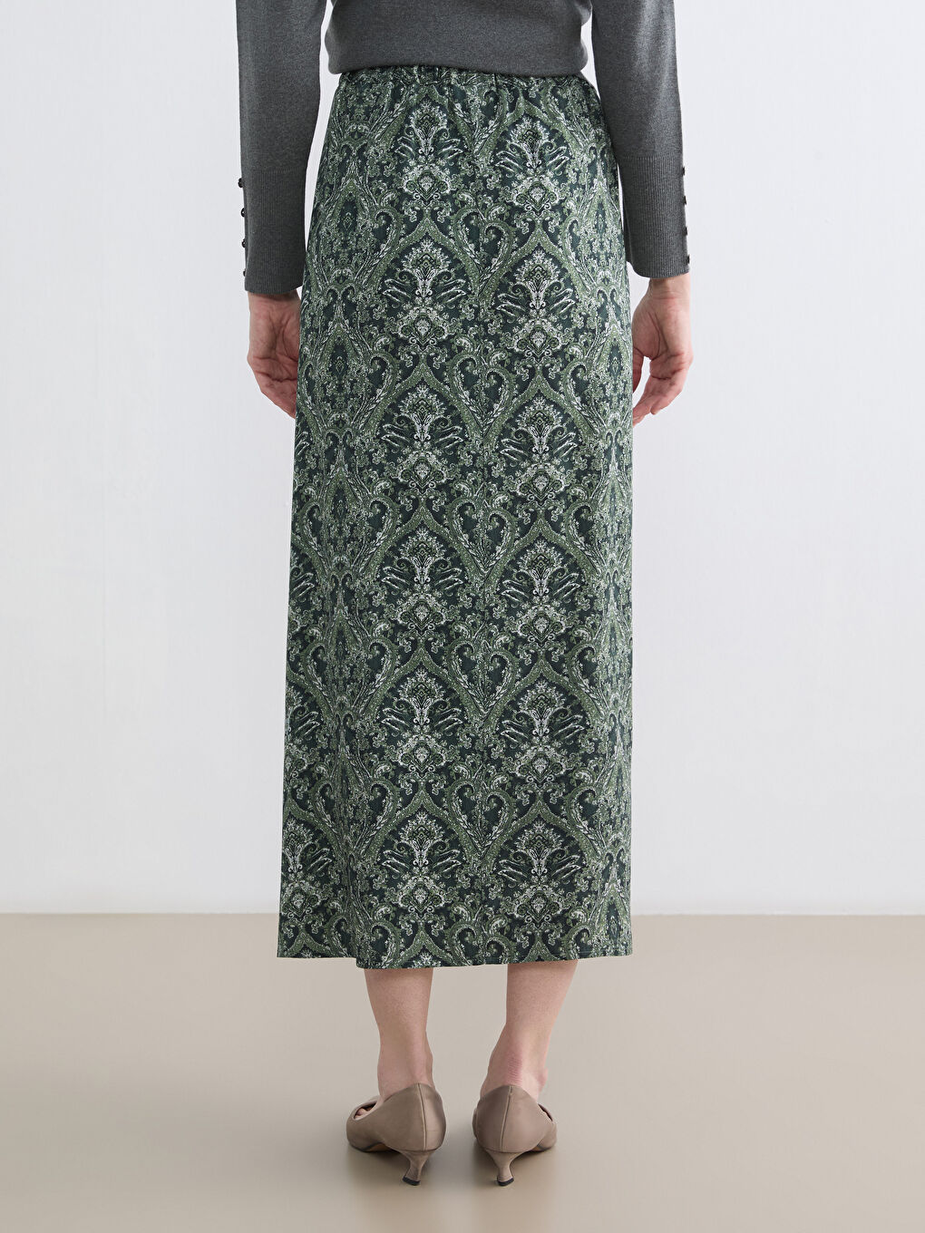 Yeşil Beli Lastikli Desenli A Kesim Etek-3