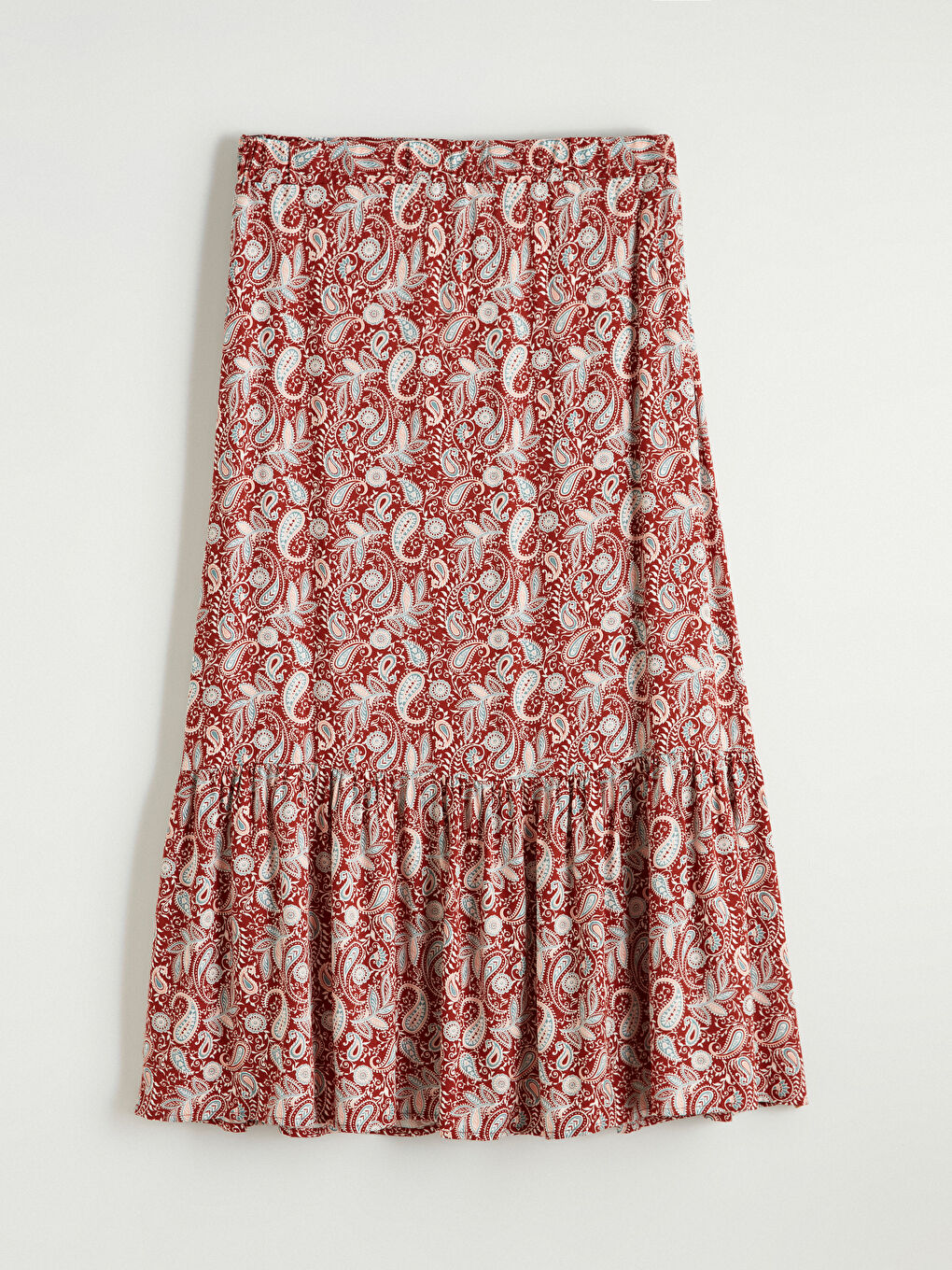 Kırmızı Beli Lastikli Desenli Fırfırlı Etek