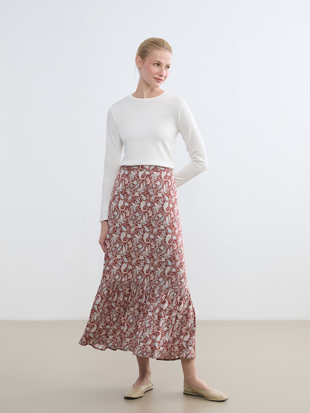 A ruffled, patterned skirt with an elasticated waist.
