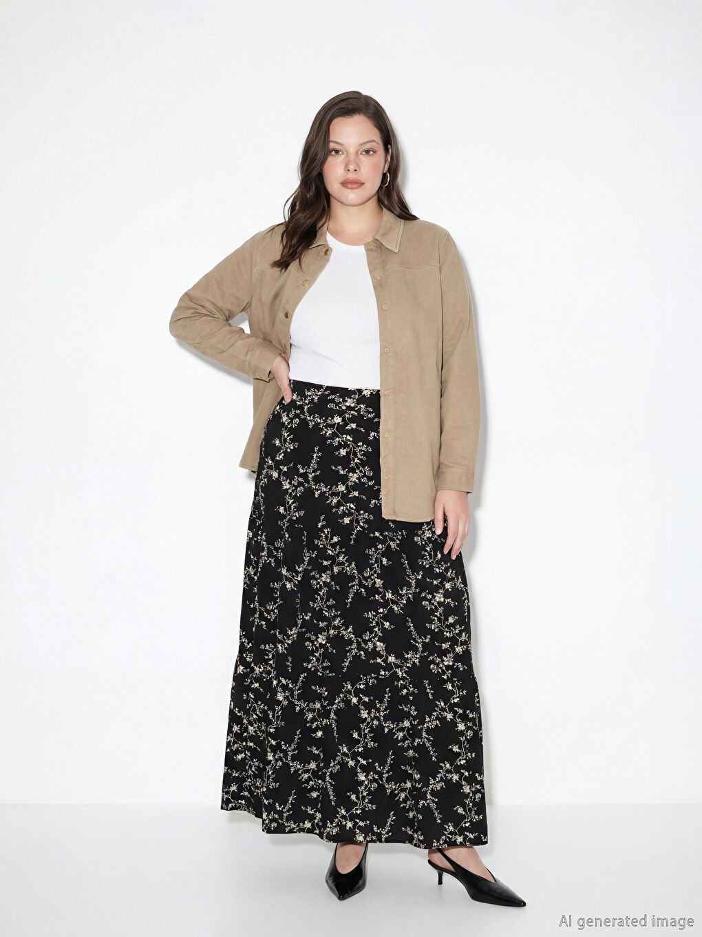 Siyah Beli Lastikli Çiçekli A Kesim Etek-1