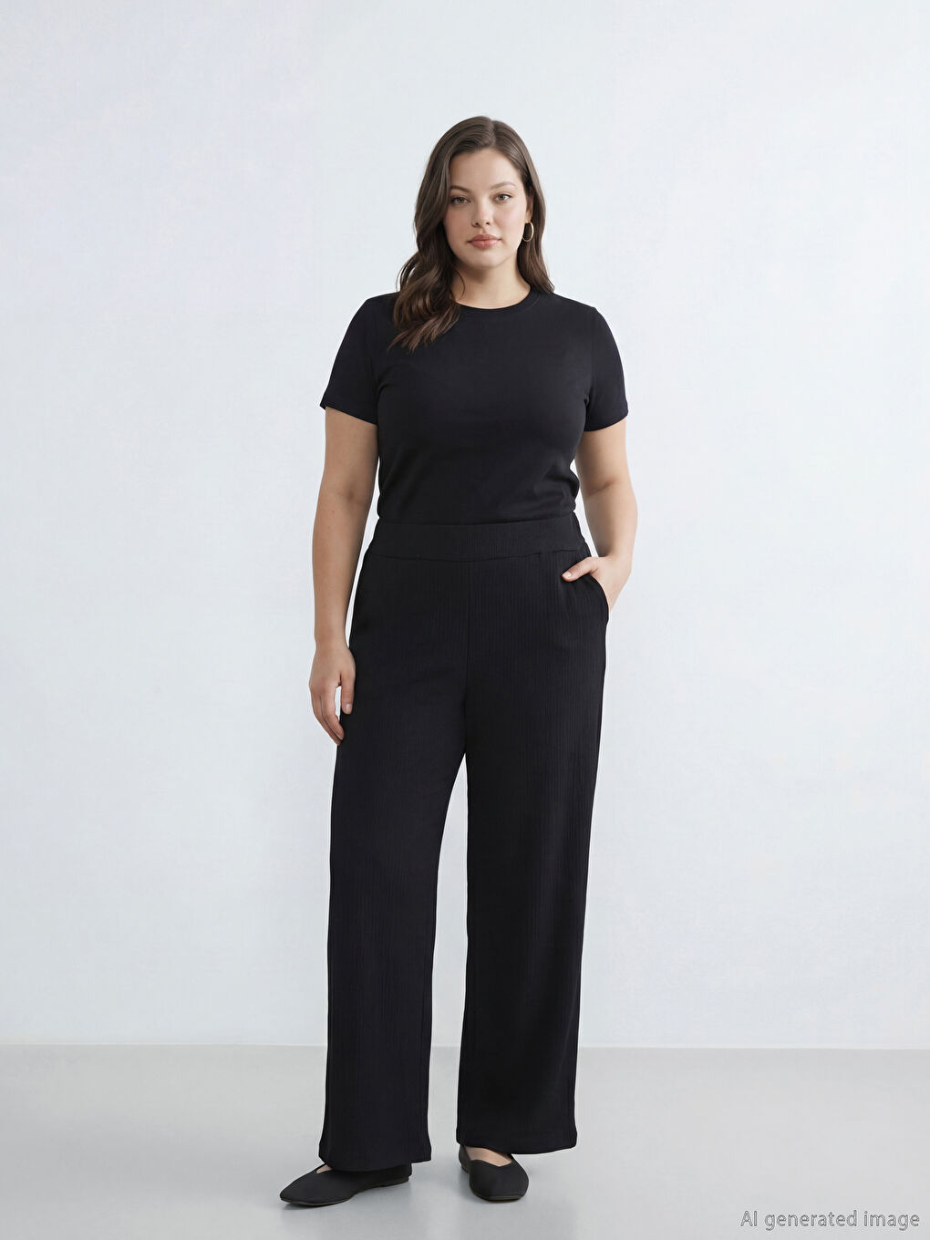 Siyah Beli Lastikli Dokulu Geniş Paça Kadın Pantolon-1