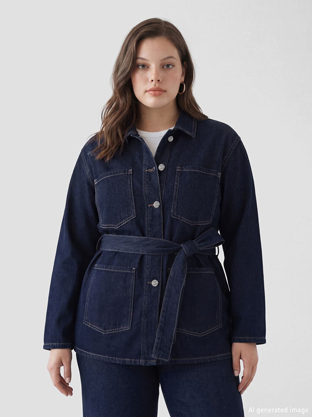 İndigo Gömlek Yaka Beli Kuşaklı Kadın Jean Ceket-1