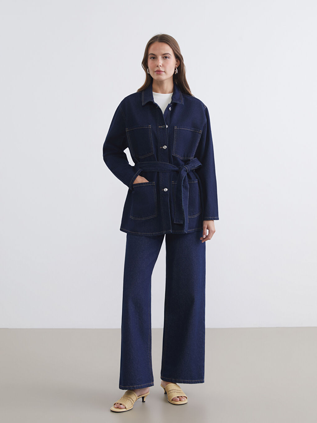 İndigo Gömlek Yaka Beli Kuşaklı Kadın Jean Ceket-1