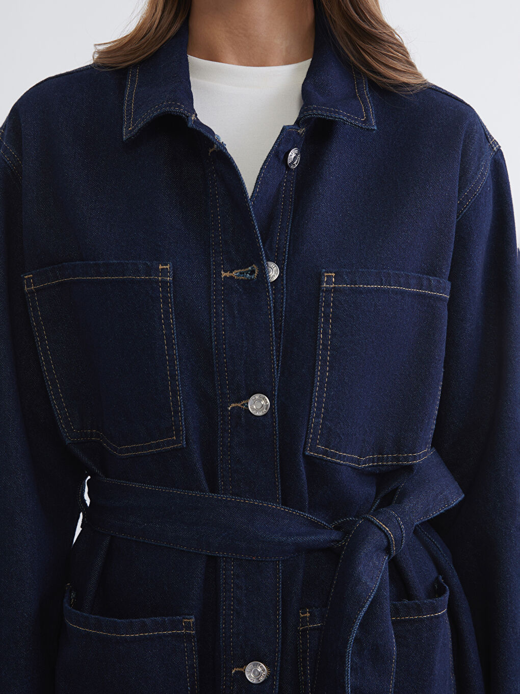 İndigo Gömlek Yaka Beli Kuşaklı Kadın Jean Ceket-2