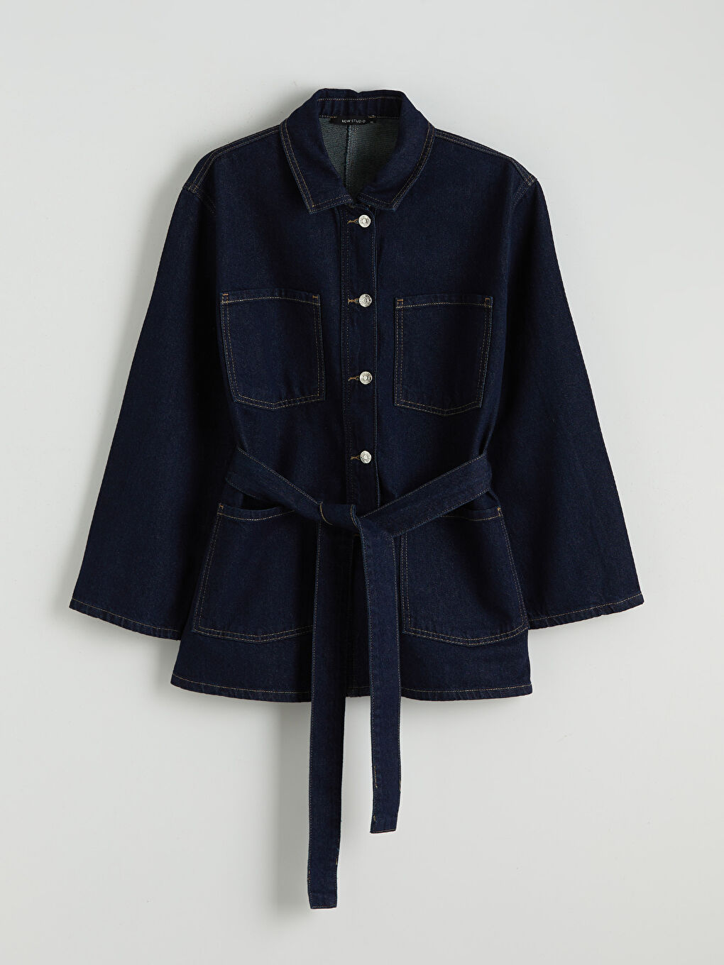 İndigo Gömlek Yaka Beli Kuşaklı Kadın Jean Ceket-4