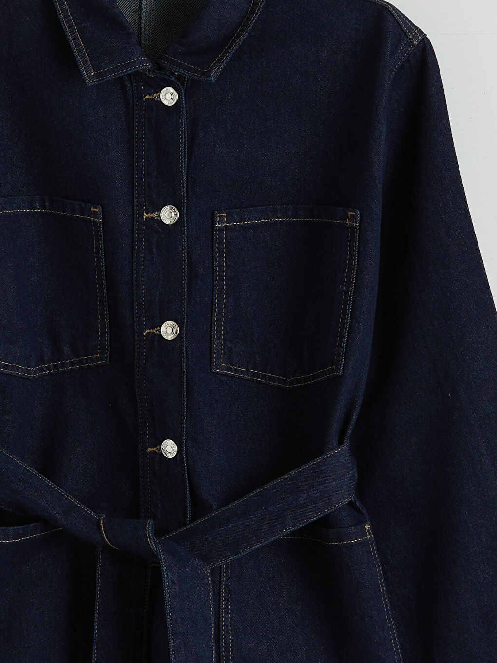 İndigo Gömlek Yaka Beli Kuşaklı Kadın Jean Ceket-5