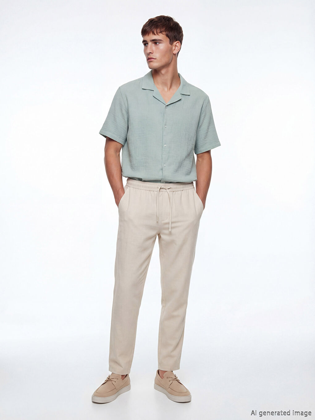 Bej Regular Fit Keten Görünümlü Erkek Pantolon