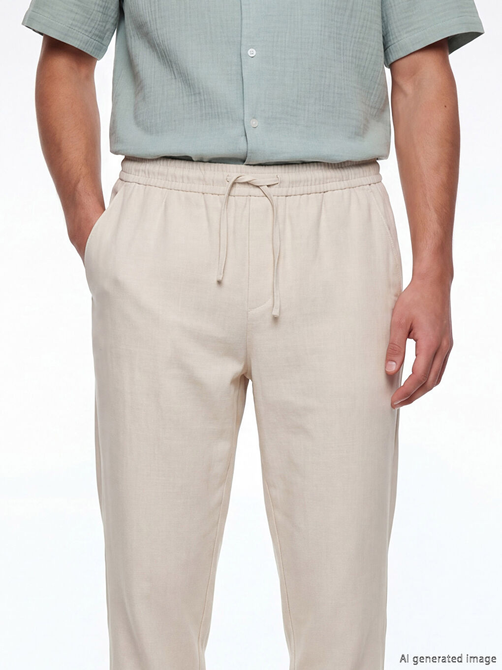 Bej Regular Fit Keten Görünümlü Erkek Pantolon-2