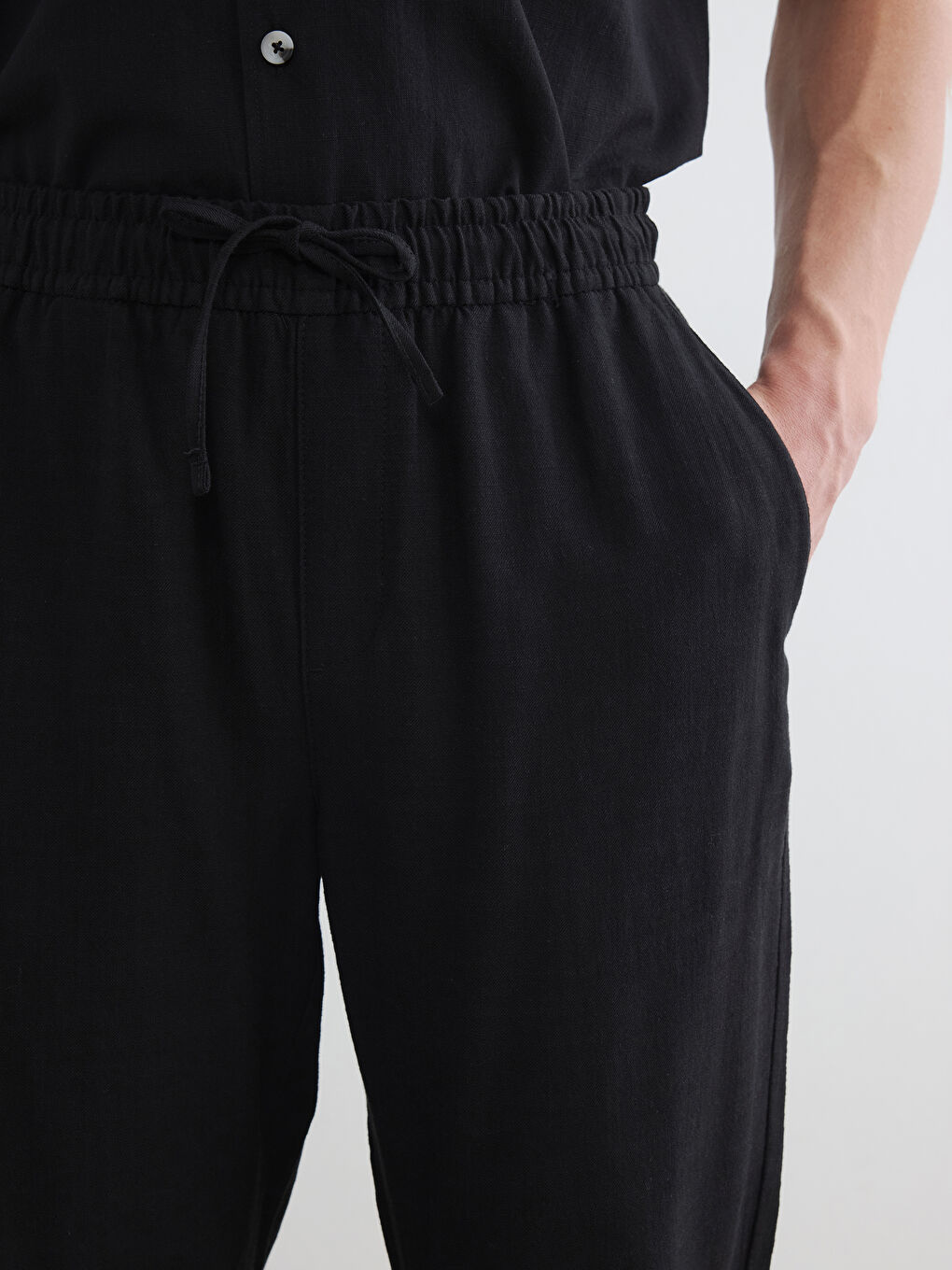 Siyah Regular Fit Keten Görünümlü Erkek Pantolon-2