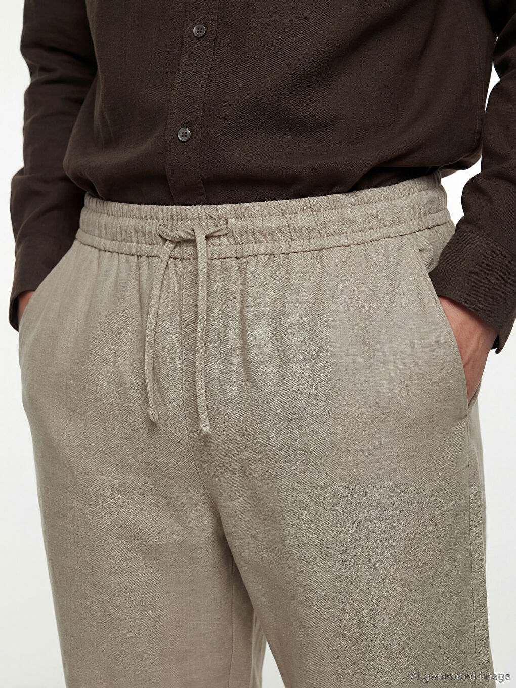 Yeşil Standart Kalıp Keten Erkek Pantolon-2