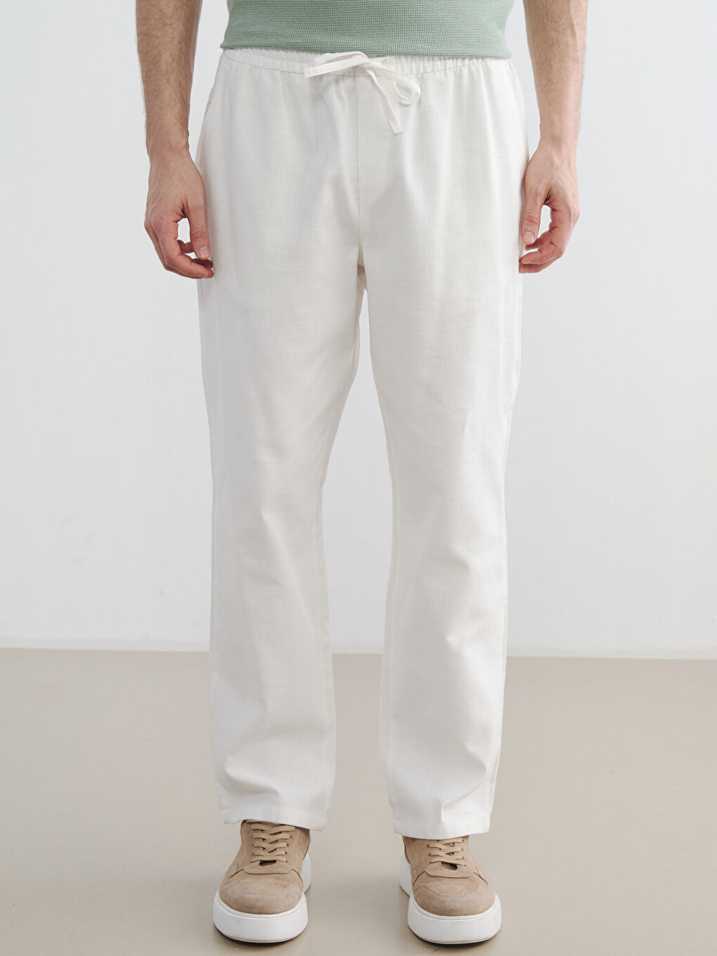 Ekru Standart Kalıp Erkek Keten Görünümlü Pantolon-1