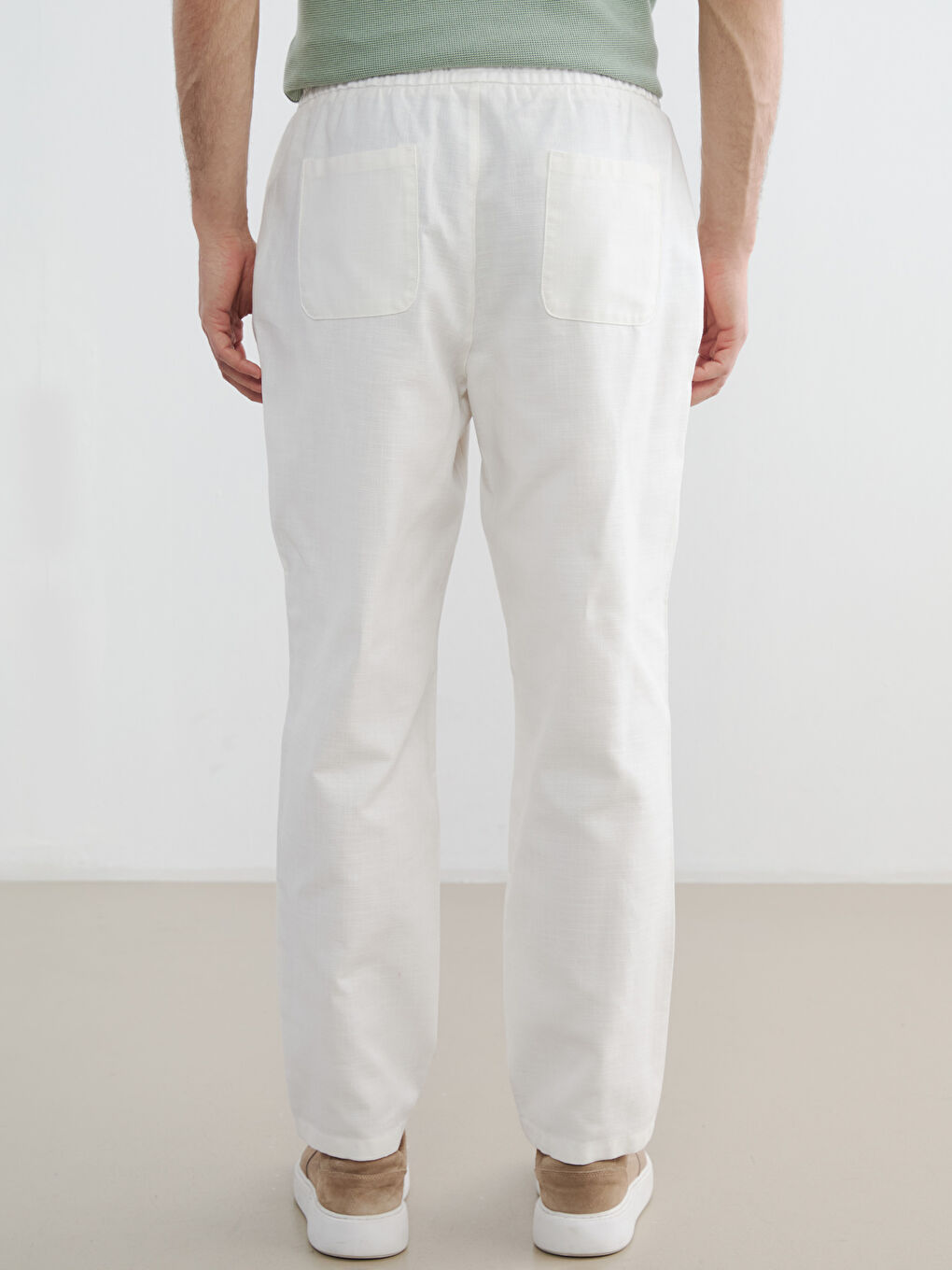 Ekru Standart Kalıp Erkek Keten Görünümlü Pantolon-3