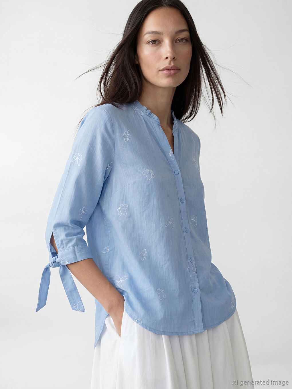 قميص نسائي مطرز بياقة بشق