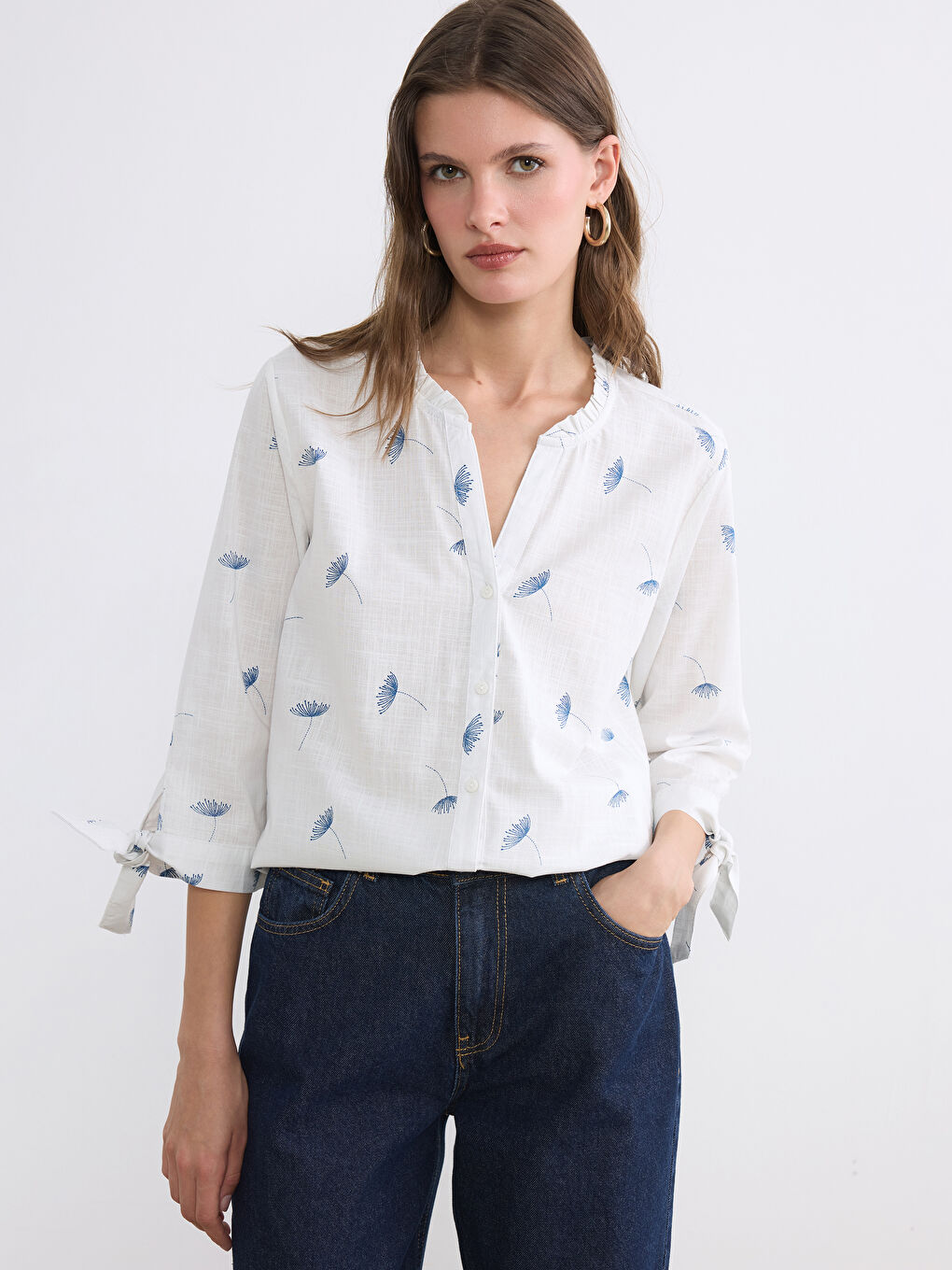 Notch Neck Embroidered Women's Shirt