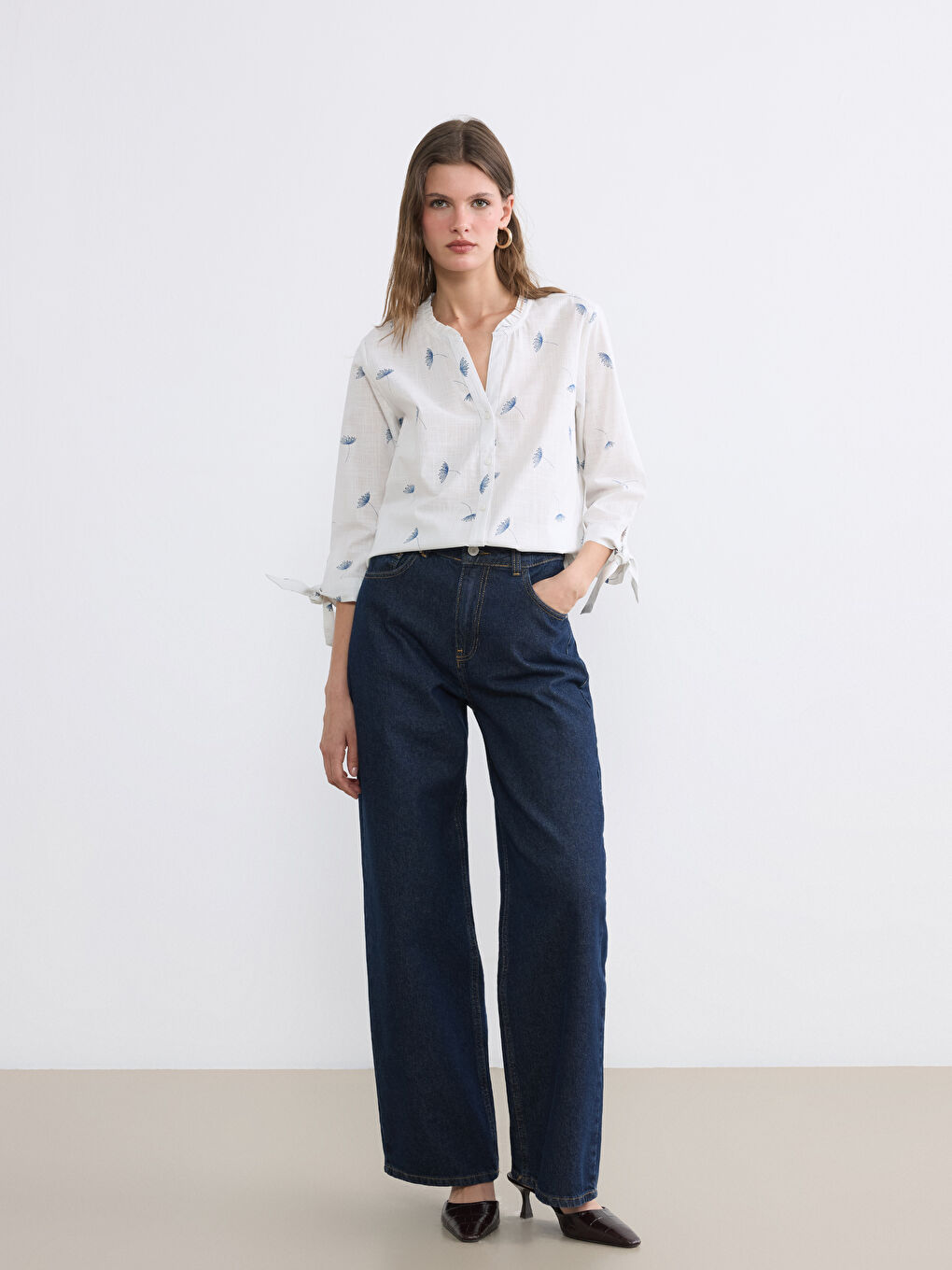 Notch Neck Embroidered Women's Shirt-1