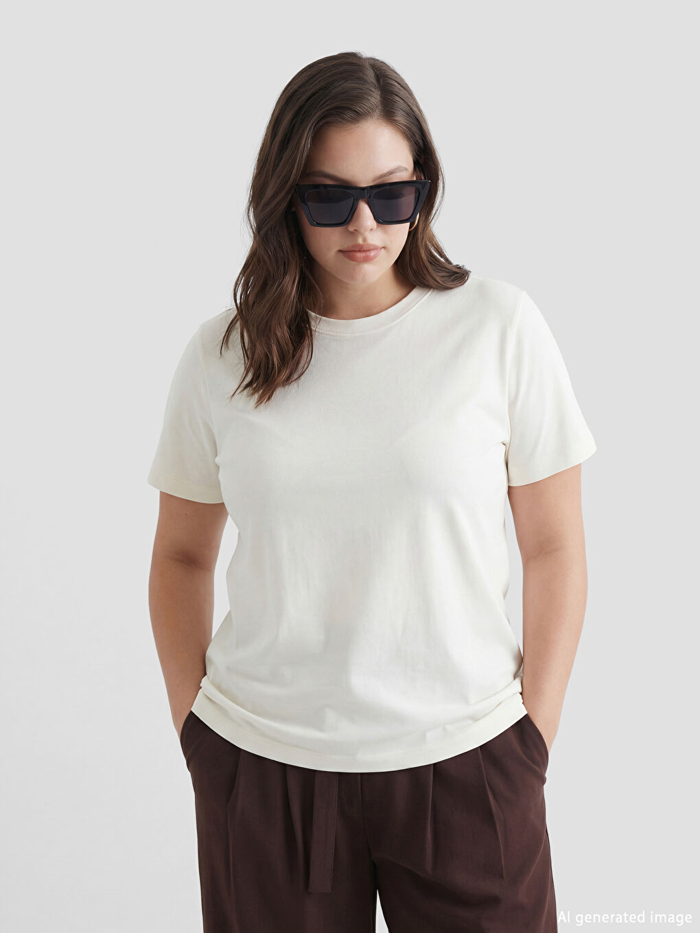 Bej Bisiklet Yaka Kadın Tişört-1