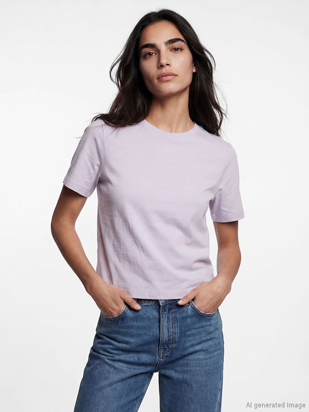 Lila Bisiklet Yaka Kadın Tişört