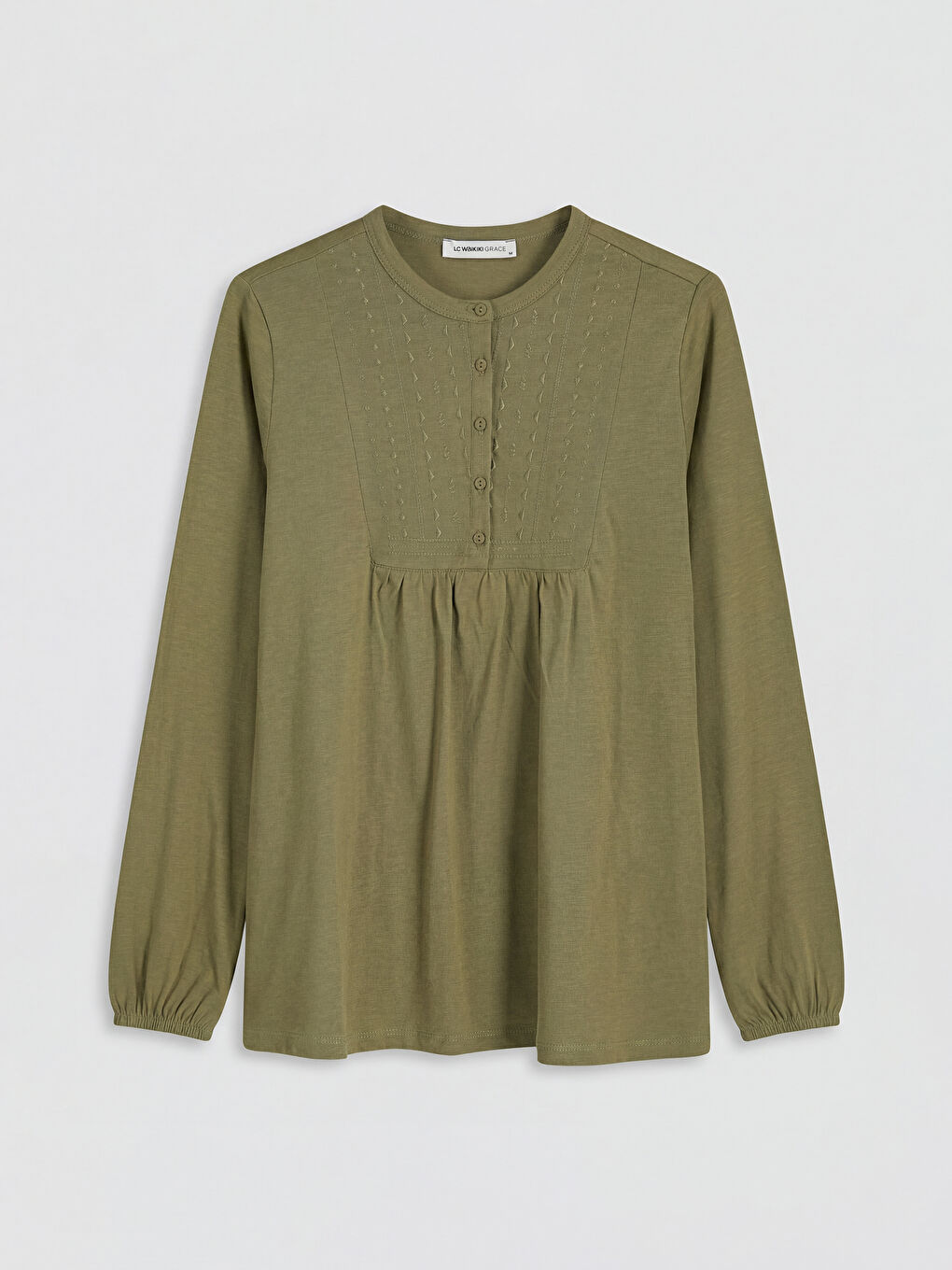 Haki Bisiklet Yaka Nakışlı Bluz