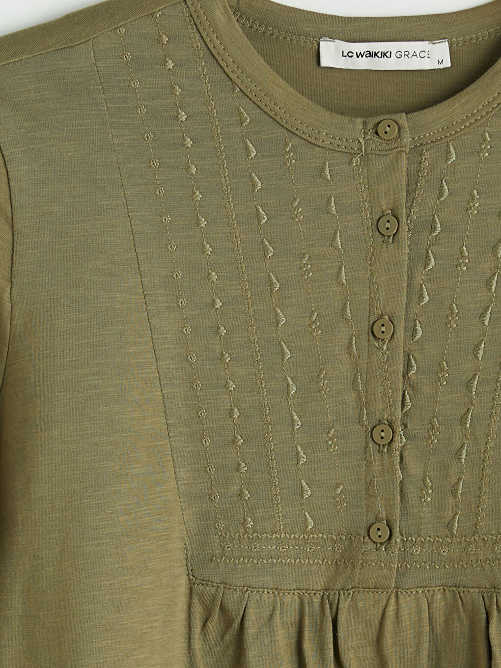 Haki Bisiklet Yaka Nakışlı Bluz-2