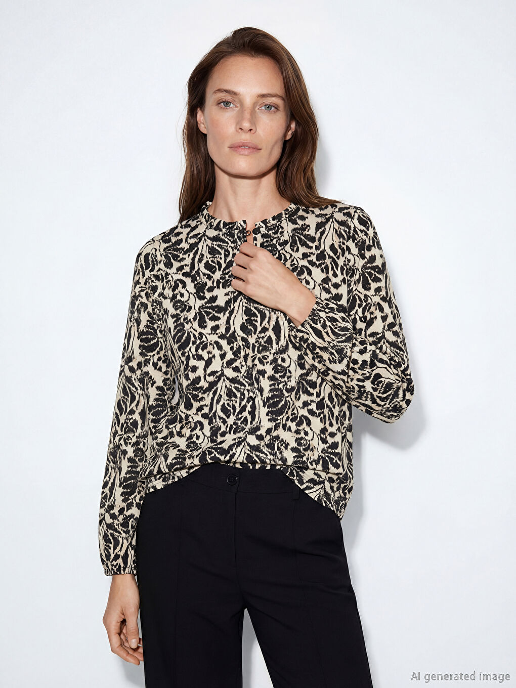 Bej Fırfırlı Dik Yaka Desenli Bluz