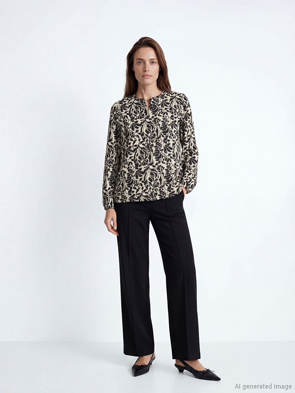 Bej Fırfırlı Dik Yaka Desenli Bluz-1