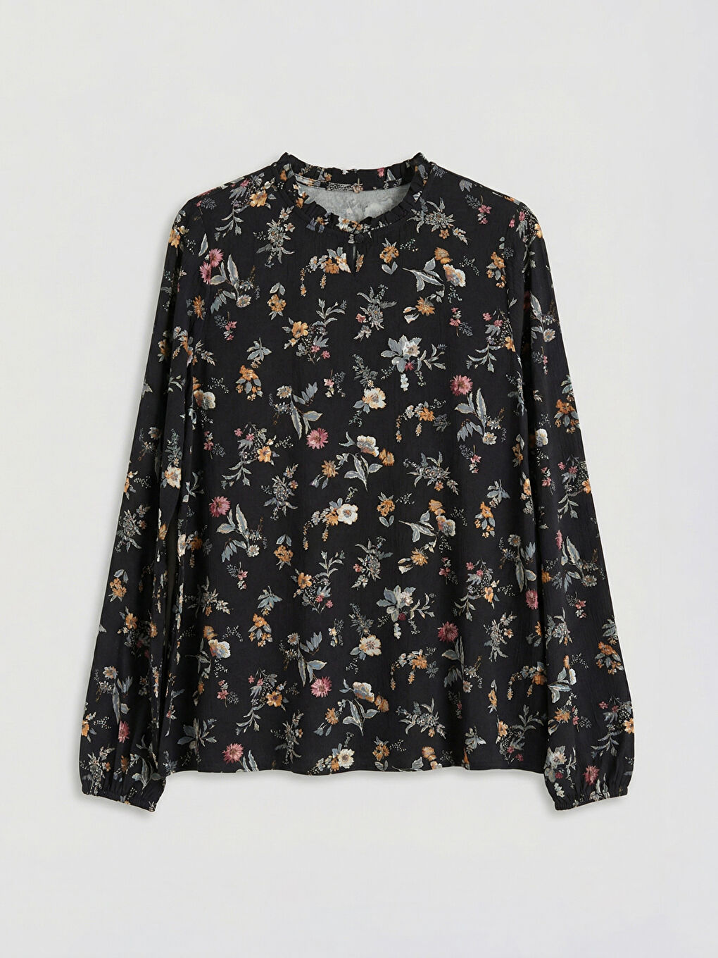 Siyah Fırfırlı Dik Yaka Çiçekli Bluz