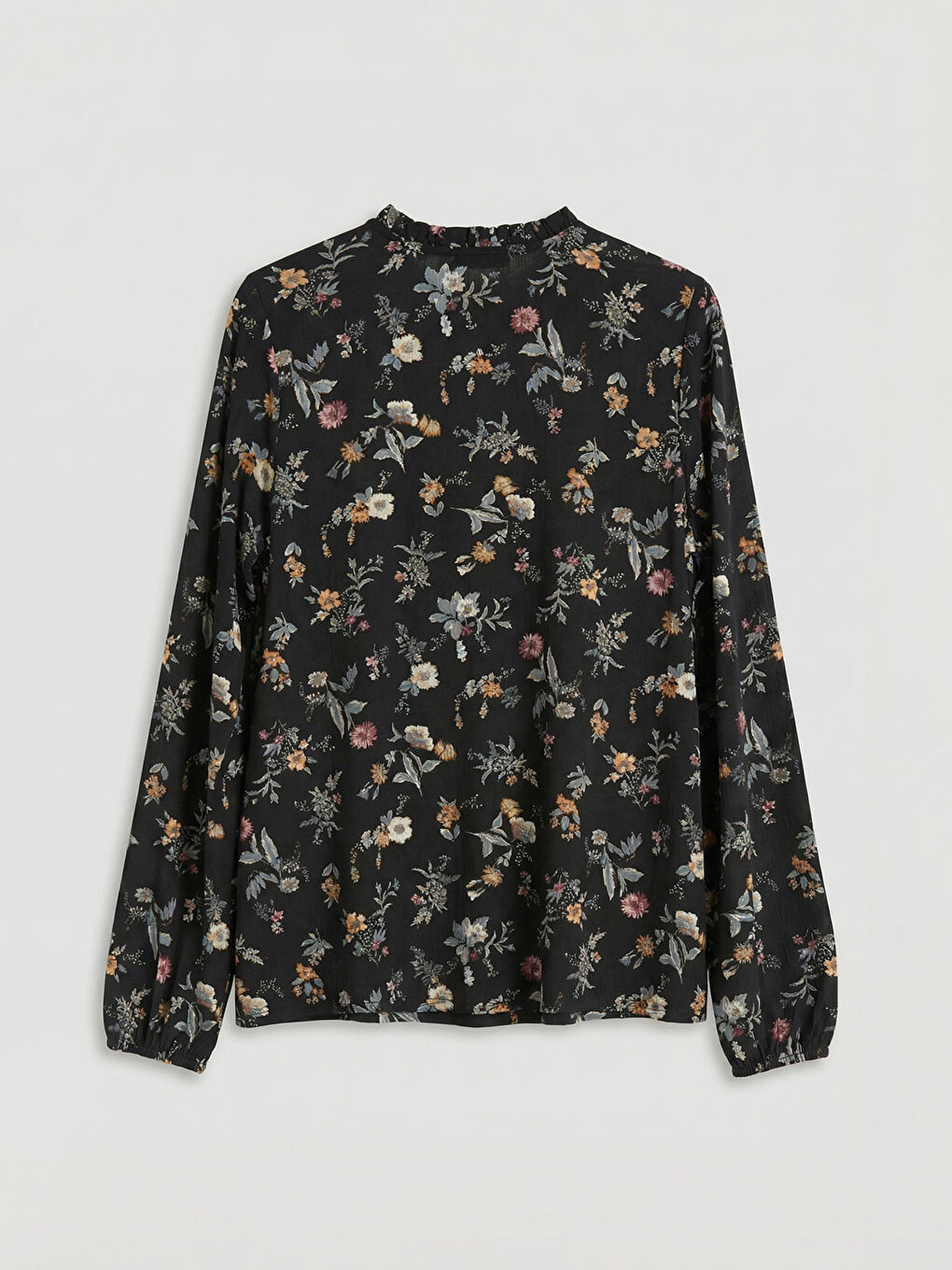 Siyah Fırfırlı Dik Yaka Çiçekli Bluz-1