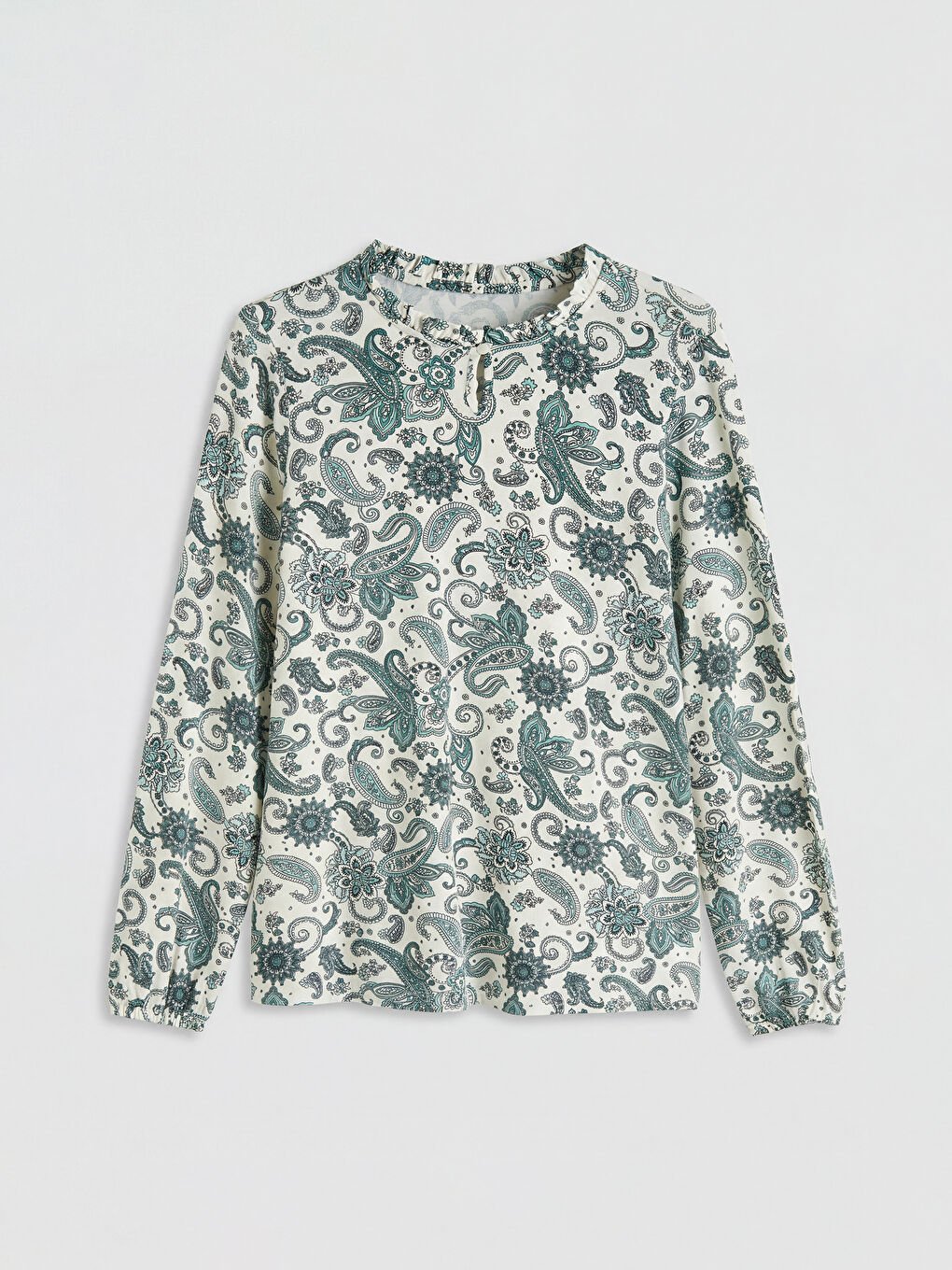 Ekru Fırfırlı Dik Yaka Desenli Bluz-4