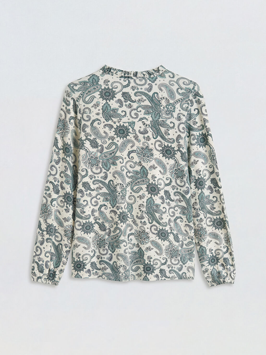 Ekru Fırfırlı Dik Yaka Desenli Bluz-5