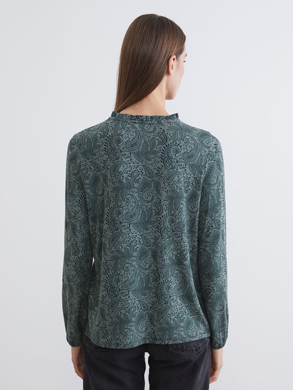 Yeşil Fırfırlı Dik Yaka Desenli Bluz-3