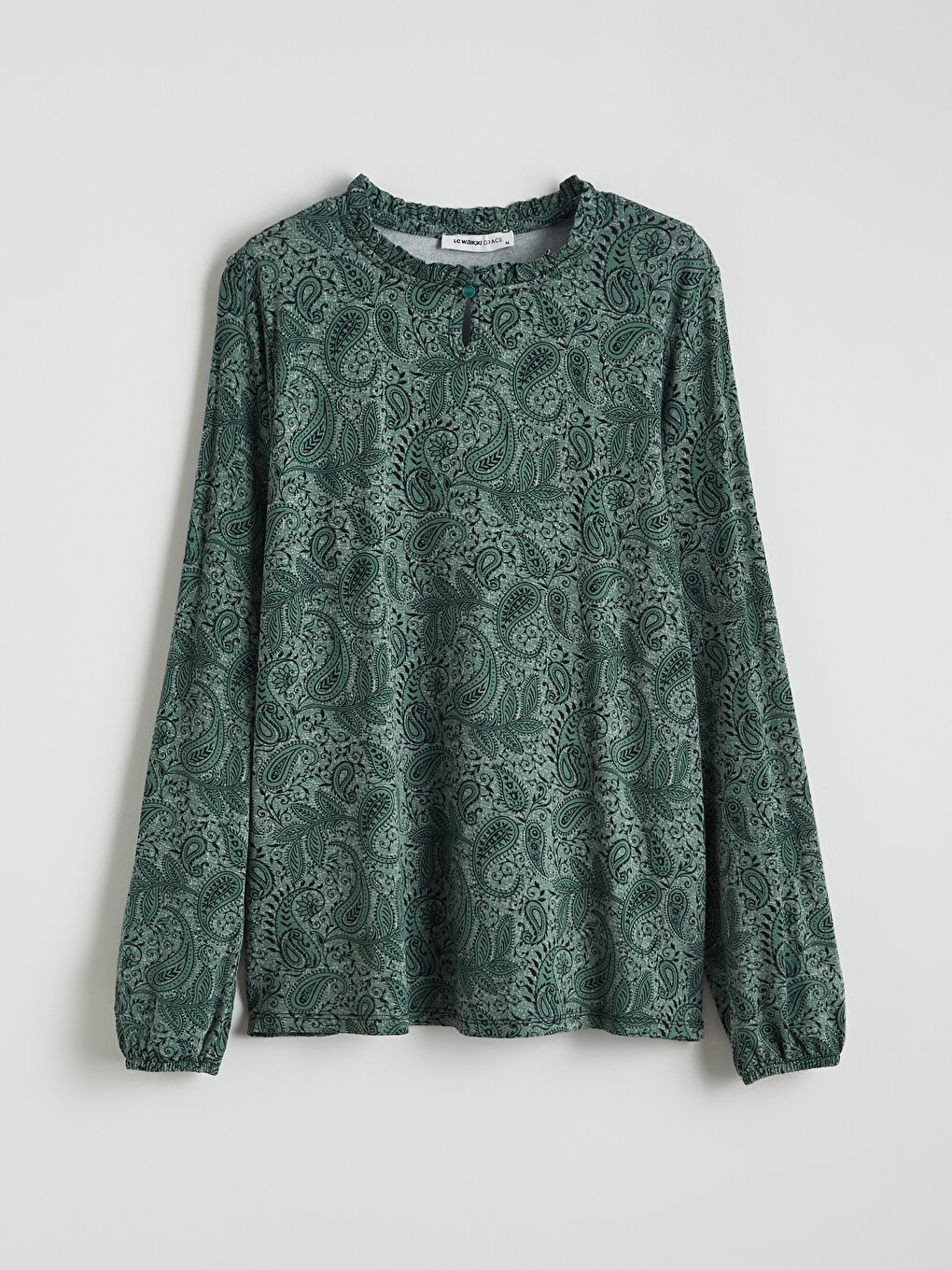 Yeşil Fırfırlı Dik Yaka Desenli Bluz-4