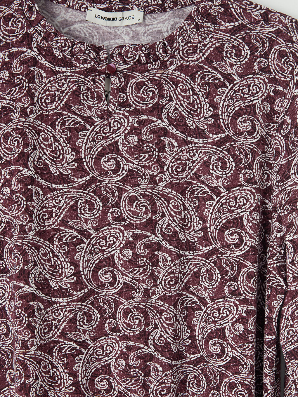 Mürdüm Fırfırlı Dik Yaka Desenli Bluz-2